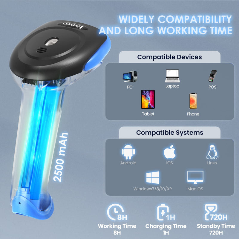 Eyoyo 2D Bluetooth Barcode Scanner Wireless, 2500mAh Handheld Cordless USB Wired QR Bar Code Reader for Library, Warehouse Inventory Compatible with iPad, Android Phone, iPhone, Laptop Dark blue