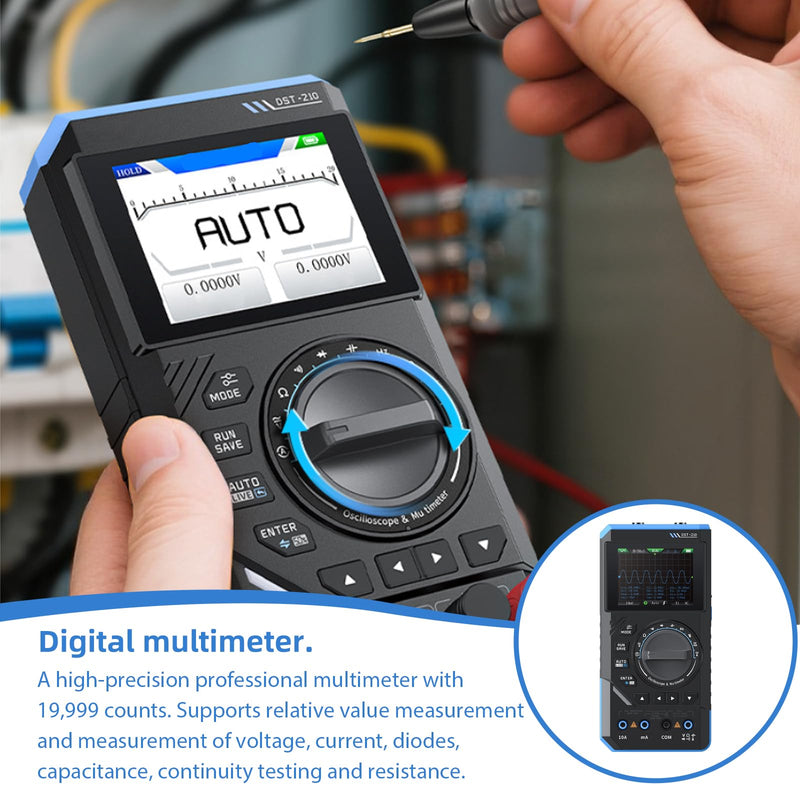 DST-210 Handheld Oscilloscope, 3-in-1 Digital Multimeter, 10 MHz Bandwidth, Oscilloscope, 48 MSa/s, Sampling Rate 19999 Counting Pulses, 2.8 Inch TFT Signal Generator, AC/DC Voltage Test, Capacitor