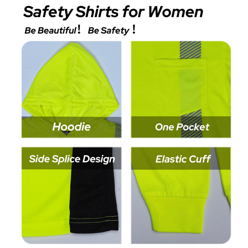 Safety Reflective Shirts for Women ANSI Class 2 Hi Vis Long Sleeve High Visibility Work T Shirts with Hood X-Large Yellow