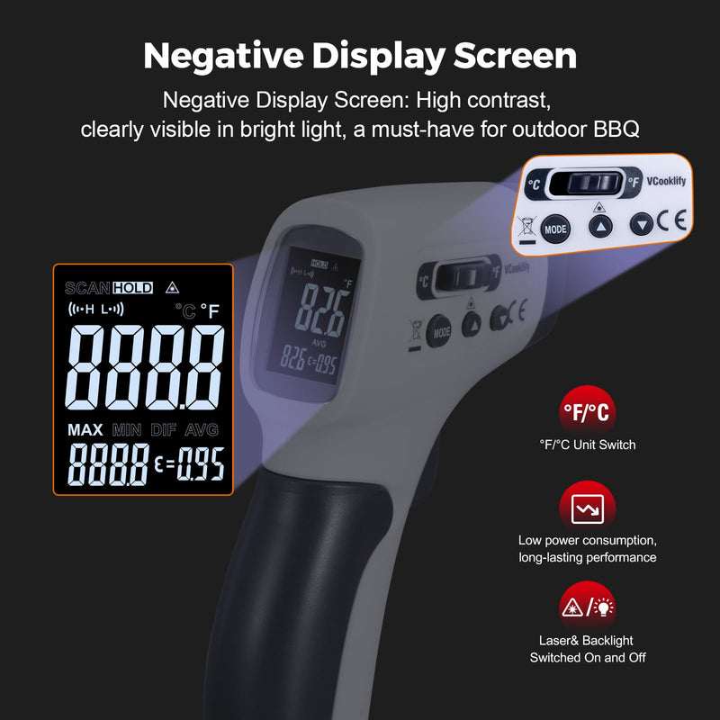 [Australia - AusPower] - Temperature Gun for Meat,Automotive Infrared Thermometer Gun with Ring Laser DS12:1,Digital Thermal Gun with Adjustable Emissivity&High/Low Alarm,-58~1400℉IR Temp Gun for Engine,Brakes&HVAC Gray 