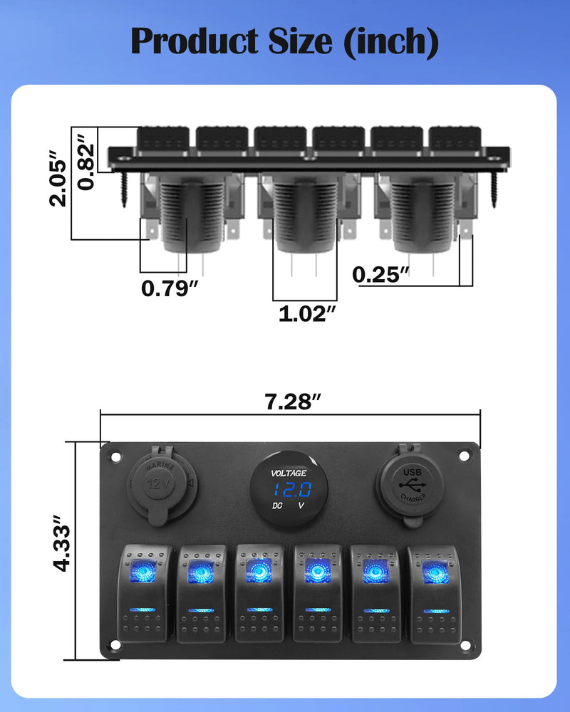 THALASSA Marine Boat Rocker Switch Aluminum Panel Waterproof with 6 Gang Blue LED Switches, 3.1A Dual USB Outlet, Red Digital Voltage Display, DC 12V Car Power Socket for Car Truck RV Vehicles Yacht 6 gang S0038
