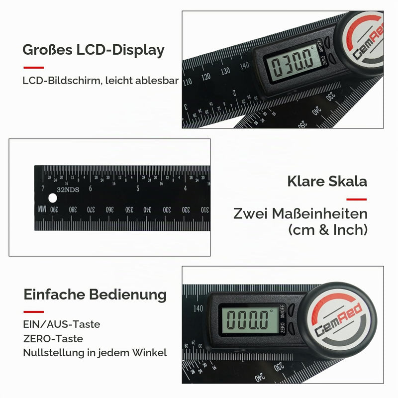 GemRed Digital Protractor with LCD Display, 200 mm Angle Bevel | For woodworking, measurements, construction, decoration and DIY (battery included)
