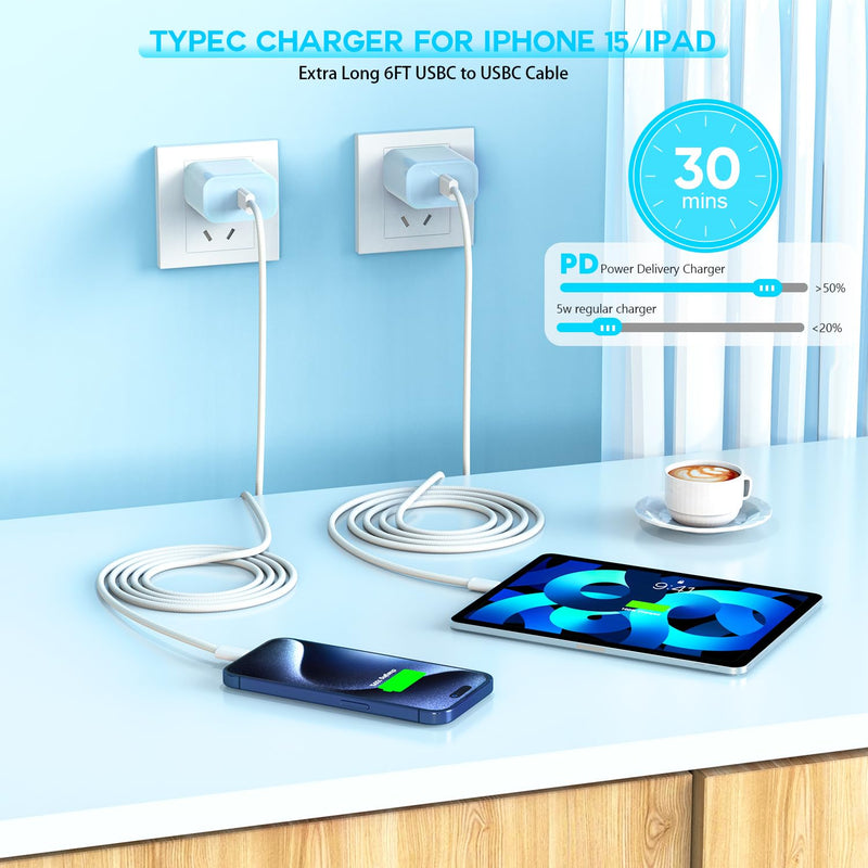 【Apple MFi Certified】20W USB C Fast Charger iPhone 17 16 15 Charge Block 3Pack 6 FT TypeC Fast Charger Cable for iPhone 17/17 Pro/17 ProMax/iPhone 16/16 ProMax/15 Plus All USB C Charging Devices(Blue) Blue