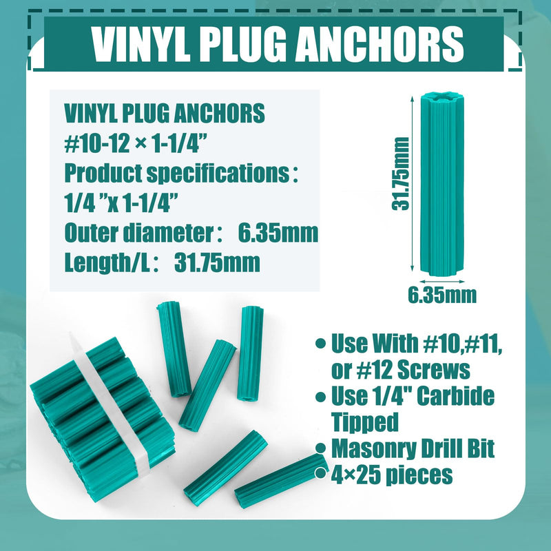 [Australia - AusPower] - 100 Pcs Expanding Plastic Concrete Anchors Screw Anchors Drywall Wall Expansion Pipe for Hollow Walls Tile Cement Bolt Expansion Tube (Green, 1/4" X 1-1/4" for #10,#11, or #12 Screws) Green 