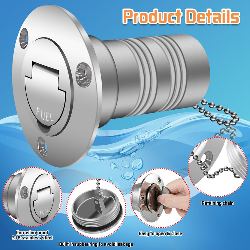 Boltigen 1-1/2"(38mm) Boat Gas/Fuel Deck Fill/Filler with Keyless Cap，1.5inch Stainless Steel Deck Filler Marine Hardware for Boat, Yacht, Caravan, Mirror- Polished Head Fuel 1-1/2''