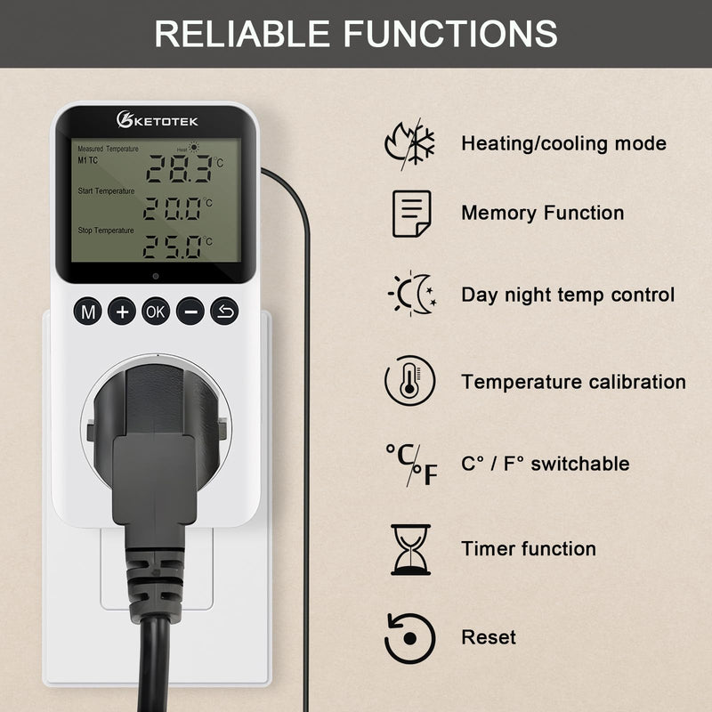 [Australia - AusPower] - KETOTEK Digital Day/Night Temperature Controller 120V, Thermostat Outlet Plug with Timer, Thermostatic Outlet Switch 110V with 3m Sensor for Reptile Terrarium Greenhouse, Heating/Cooling Temp Control KT3200pro No Backlit 