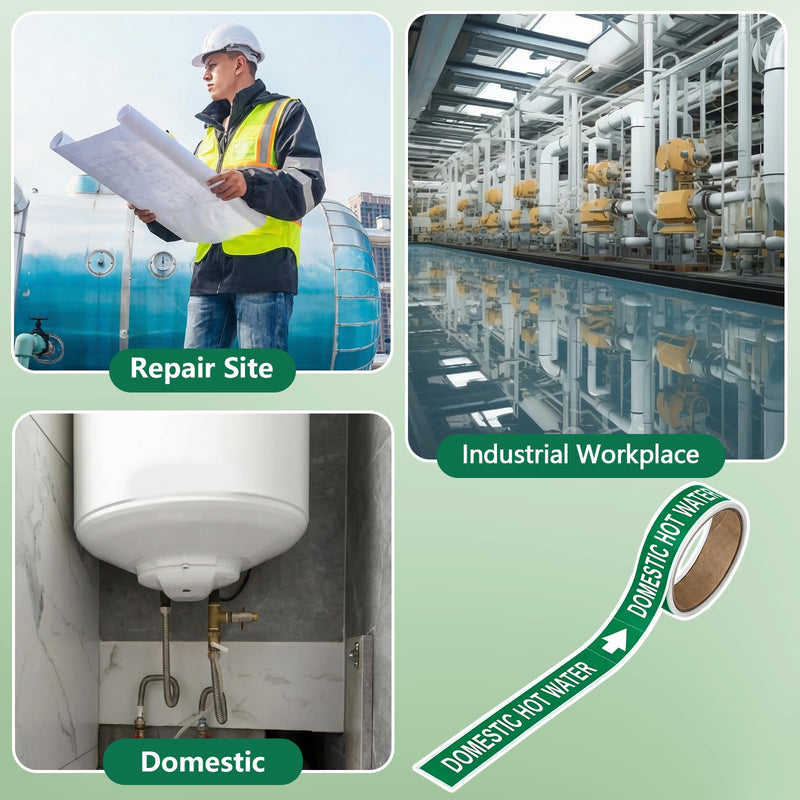 1 Roll Domestic Hot Water Label - 1" Height x 8" Width Pipe Markers, Self-Sticking - Plastic Film (Green) Green