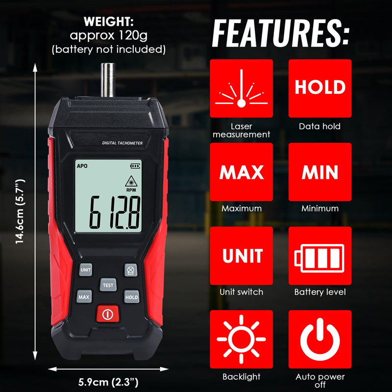 [Australia - AusPower] - TEKCOPLUS 2-in-1 Digital Tachometer with Laser & Contact Non-Contact Laser Tach Meter 3-99,999 RPM, Backlit RPM Gauge for Cars, HVAC, Motors 