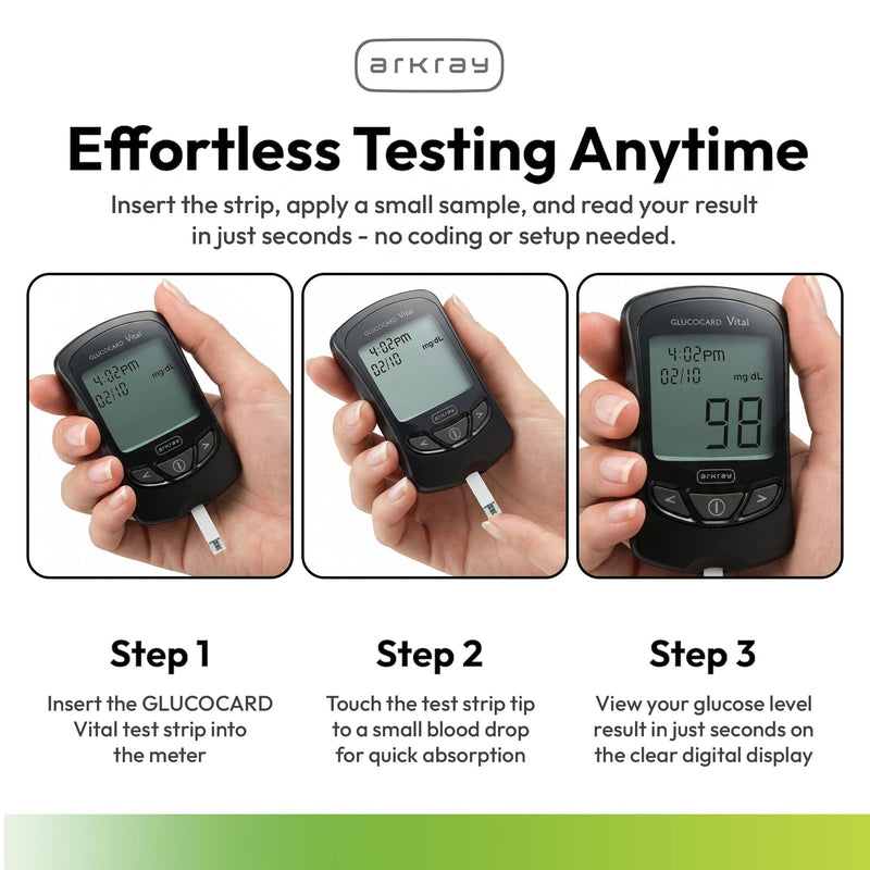 ARKRAY GLUCOCARD Vital Blood Glucose Test Strips – No Coding Required, Fast 7-Second Results, 0.5 Microliter Sample Size – Compatible with GLUCOCARD Vital Glucose Meter, 100 Count (2 Packs of 50)