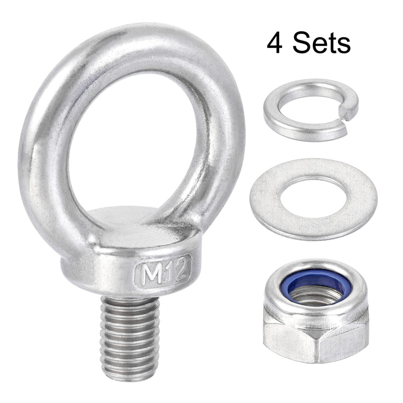 [Australia - AusPower] - uxcell Lifting Eye Bolt M12 x 20mm Male Thread with Hex Screw Nut Gasket Flat Washer for Hanging Securing Chain Wire Rope, 304 Stainless Steel, 4 Sets 
