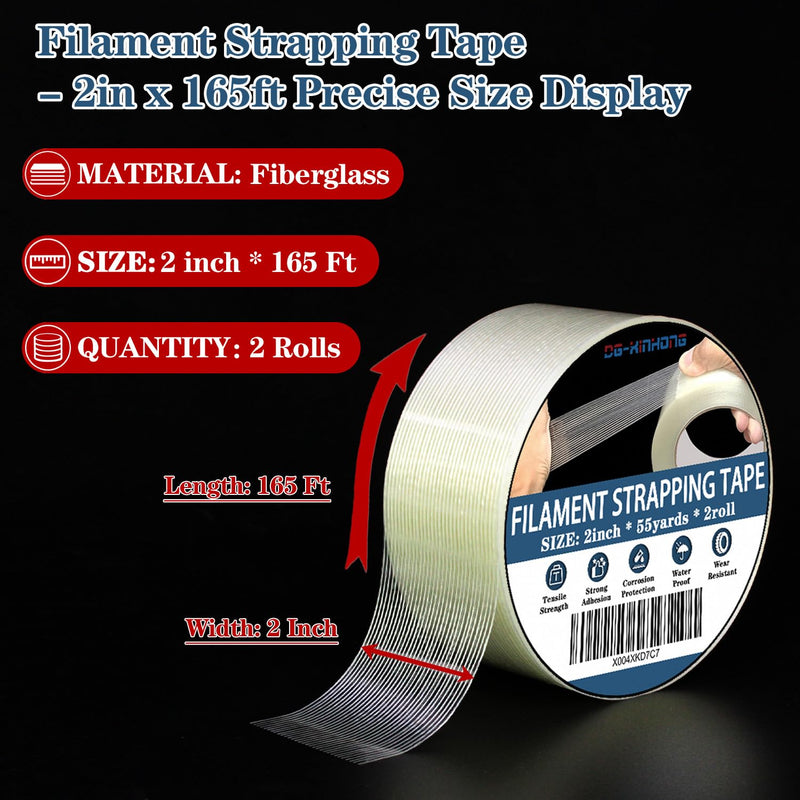 2 Rolls Filament Strapping Tape, 2'' x 55yds x 5.5mil Reinforced Fiberglass Heavy Duty Packing Strips,Resistant for Shipping Fixing and Protection,Sealing,Waterproof