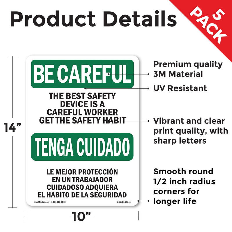 Safety Device Careful Worker Bilingual OSHA Be Careful Vinyl Decal Label 14 Inch x 10 Inch - 5 Pack 5 Pack of 14" x 10"