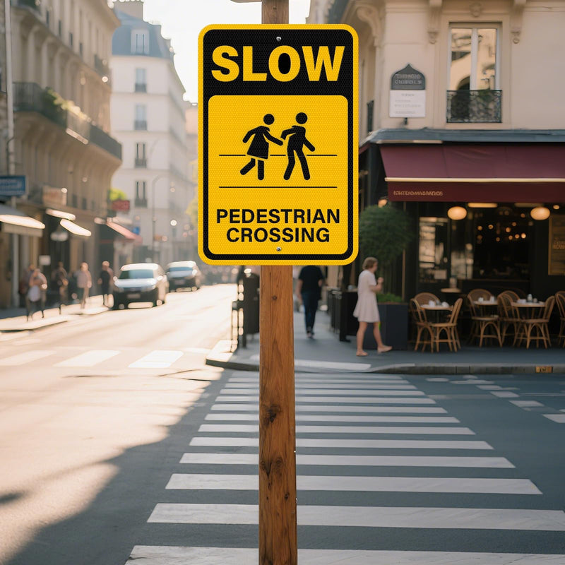 2 Pack Slow Pedestrian Crossing Sign 18 × 12 Inches High Reflective Waterproof Aluminum Metal Safety Warning Signage with Pre-Drilled Holes for Indoor Outdoor Use