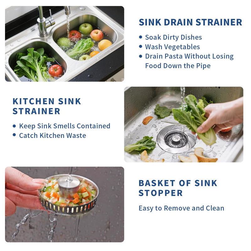 3-in-1 Kitchen Sink Drain Strainer & Sink Stopper 2 Pack - 304 Stainless Steel Sink Drain Strainer, Pop-Up Anti-Clog Design, Fits Standard 3-1/2'' Sink Drains Sus304 Brushed 2pack