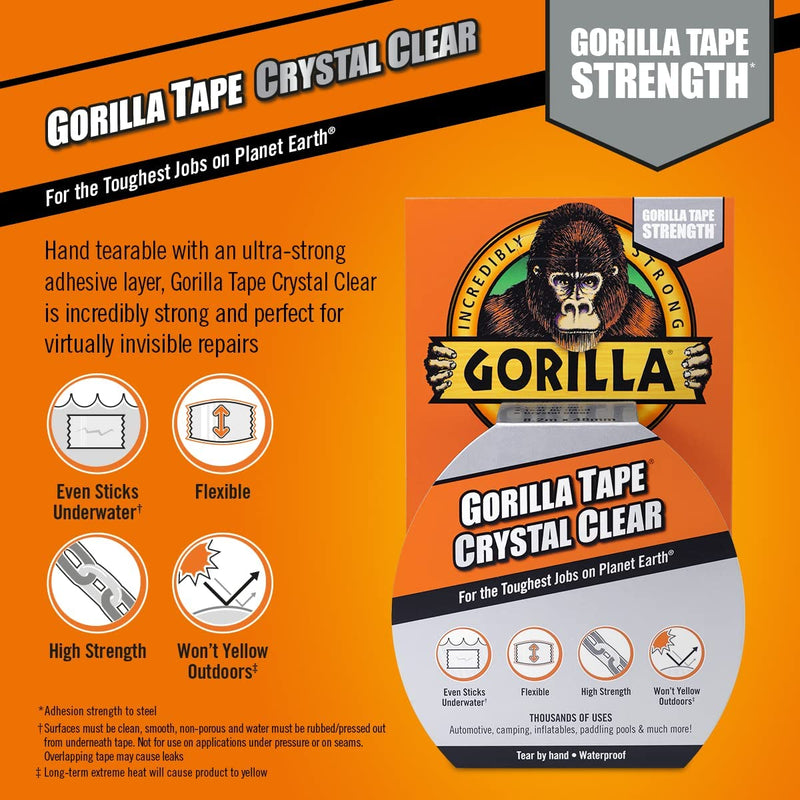 Gorilla Crystal Clear Repair Duct Tape, 1.88” x 9 yd, Clear, (Pack of 1) 1 - Pack