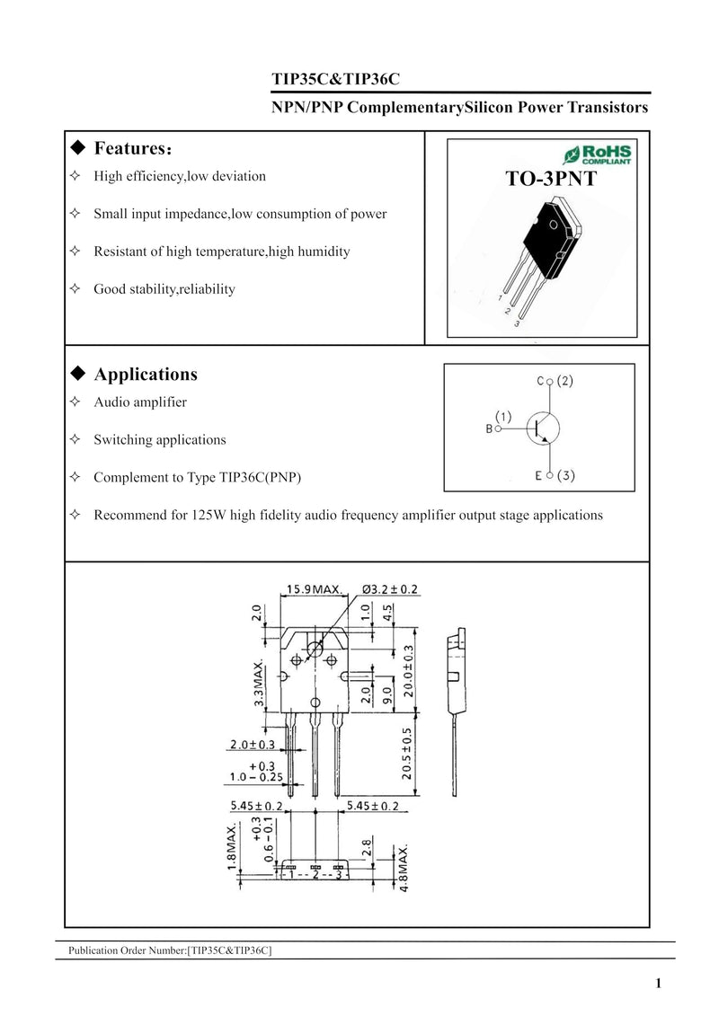 2 Pairs TIP35C + TIP36C NPN PNP Silicon Power Transistor TO-3PN 120V 11A 125W hFE:80-160