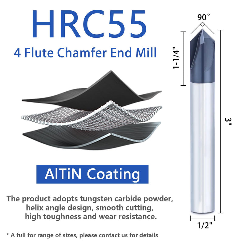 [Australia - AusPower] - Carbide Chamfer End Mill 90 Degree 1/2" Shank Dia - V Groove, AlTiN Coated 4 Flute - for Alloy Steels,Hardened Steels 1/2 in 90° 