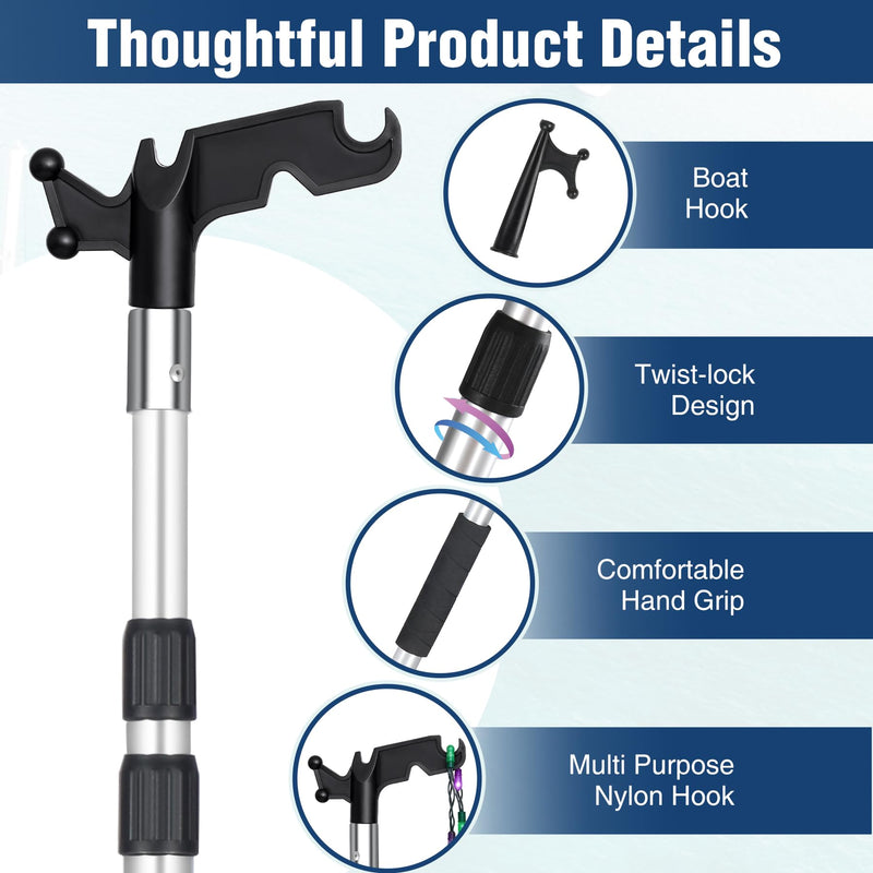 Boat Hooks for Docking,Telescoping Boat Hook with Utility Hook, Christmas Light Pole Hanger Tool,Anodized Aluminum Pole | Threaded End for Boating Accessories 3ft 8ft 12ft Silver - 8ft