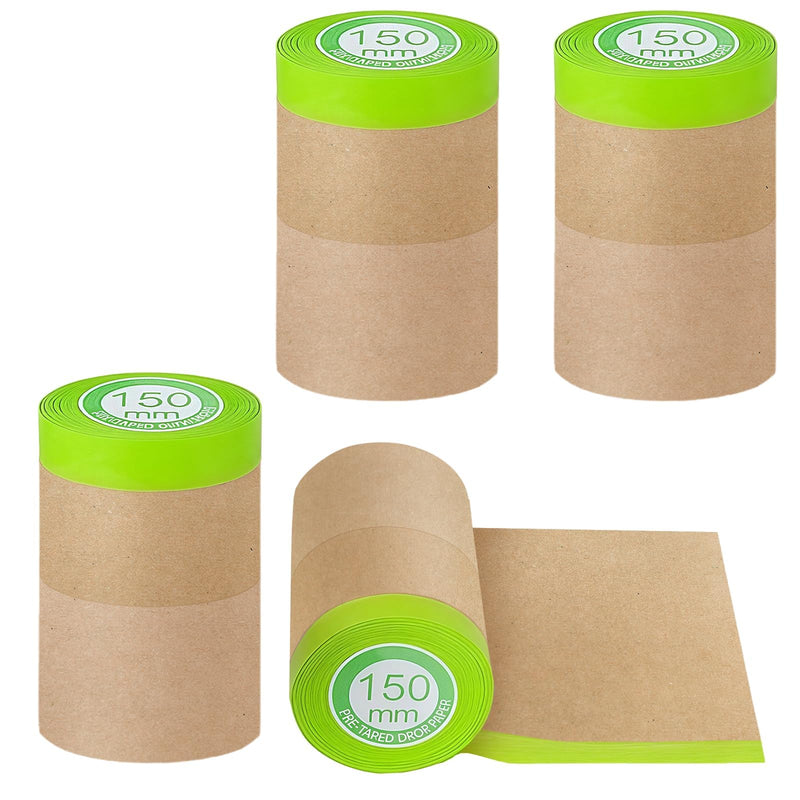 4 Rolls Pre-Taped Masking Paper for Painting - 6 inch x 50 feet Tape and Drape Painters Paper, Paint Adhesive Protective Paper Roll for Covering Skirting, Frames, Cars and Auto Body