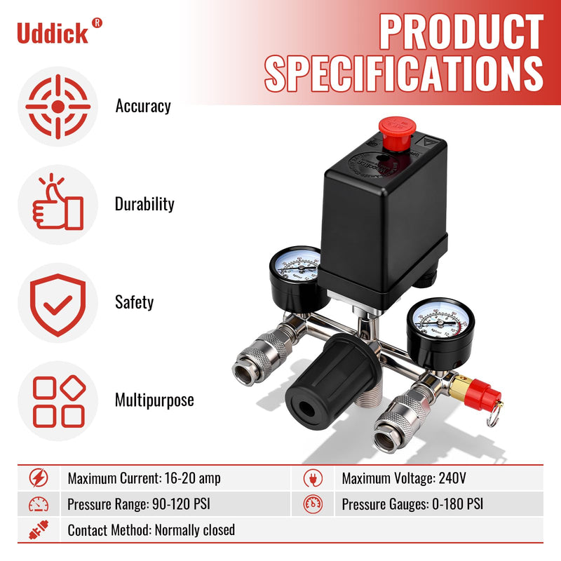 Air Compressor Pressure Control Switch with Gauge Regulator Control Valve,Manifold Regulator Air Compressor Parts,Pressure Switch Assembly of Regulating Valve