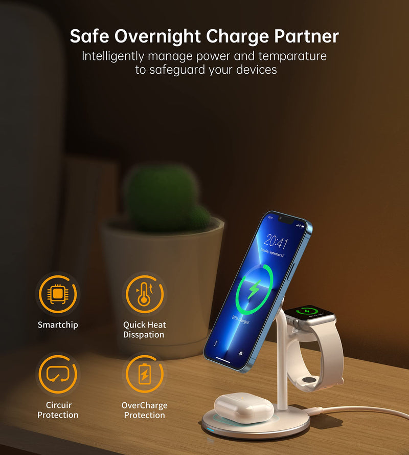 [Australia - AusPower] - 3 in 1 Wireless Charging Station for Multiple Devices, 15W Fast Wireless Mag-Safe Charger Stand for iPhone 14 13 12 Pro Max/Plus/Pro/Mini, Mag Charger for iWatch Ultra/8/7/SE/6/5/4/3/2, AirPods White 