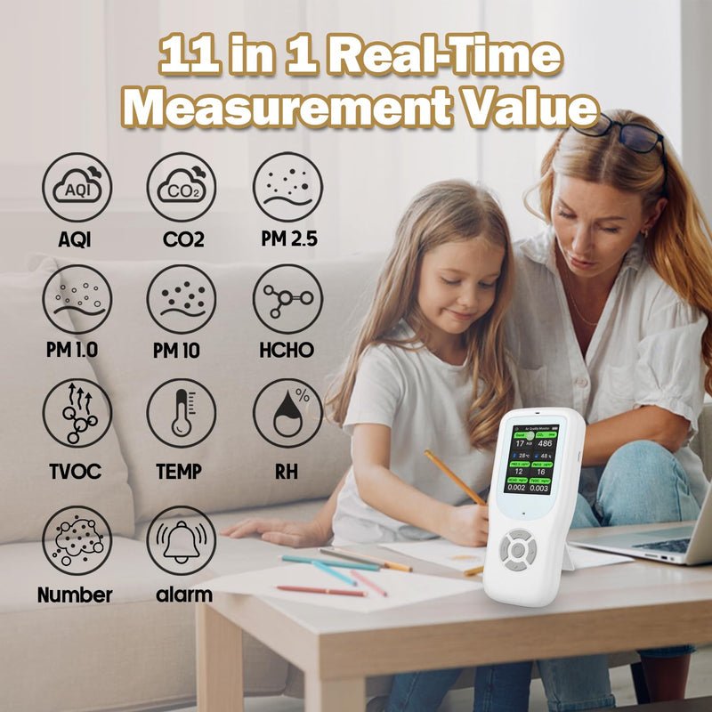 [Australia - AusPower] - 11-in-1 Air Quality Monitor - Portable Indoor Air Quality Detector with Stand, Real-Time Test for AQI, CO2, PM2.5, PM1.0, PM10, TVOC, HCHO, Particles, Temperature & Humidity with Aler (White-Black) White-Black 