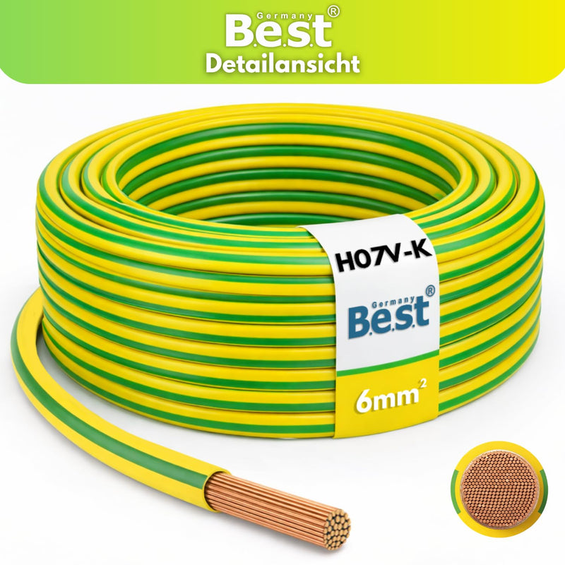 Grounding Cable 10 m 6 mm² Green/Yellow Flexible - PVC Core Cable H07V-K for PV Systems, Wiring Cable, Installation Cable, Fine Wire Copper Wire, Protective Conductor NYAF, Durable & Heat Resistant | Flexible H07V-K Kupferlitze 6mm² für Potentialausgle...