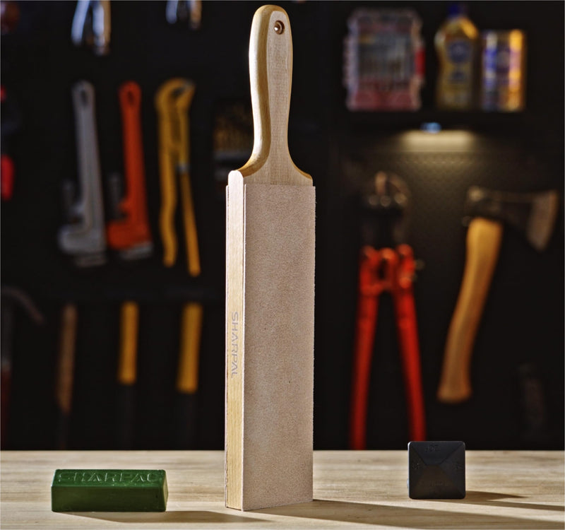 [Australia - AusPower] - SHARPAL 205H Double-sided Leather Strop (Genuine Cowhide) 13.2" x 2.4" Kit with 2 Oz. Polishing Compound & Angle Guide, Knife Stropping Block for Sharpening & Honing Knives tools, Woodcarving Chisels Double-Sided Leather Strop with Compound 