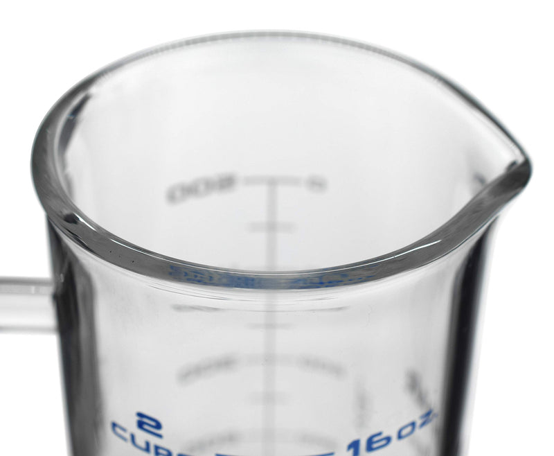 hBARSCI Industrial Beaker Mug, 500ml - Extra Heavy Duty 3.3 Borosilicate Glass - Tall Form, with Spout - Double Sided, Printed Graduations in Cups, Ounces & Milliliters