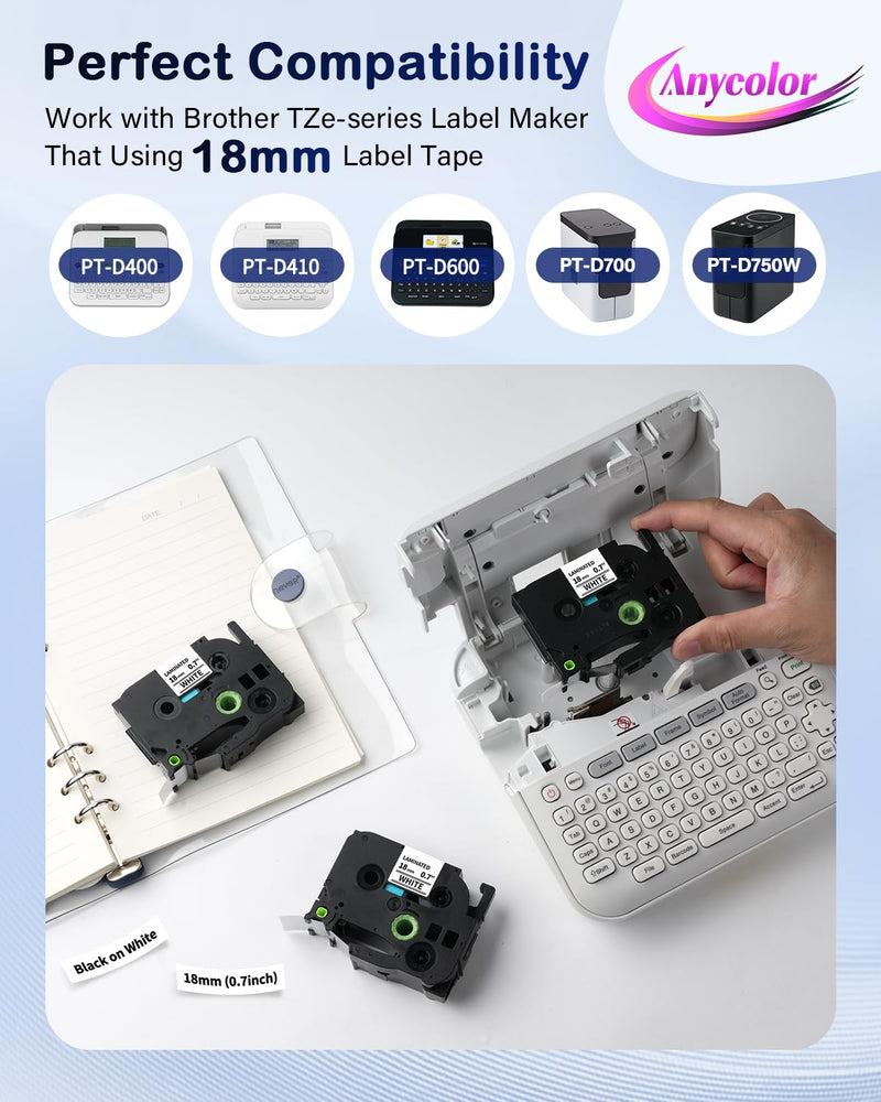 Anycolor TZe-241 TZ Tape 18mm Laminated White Replacement for Brother P Touch 3/4'' (0.7") Label Maker Tape TZe241 for Brother Ptouch PT-D400 D410 D600 D610BT D460BT Refills, 5-Pack Black on White 18mm (0.7 inch)