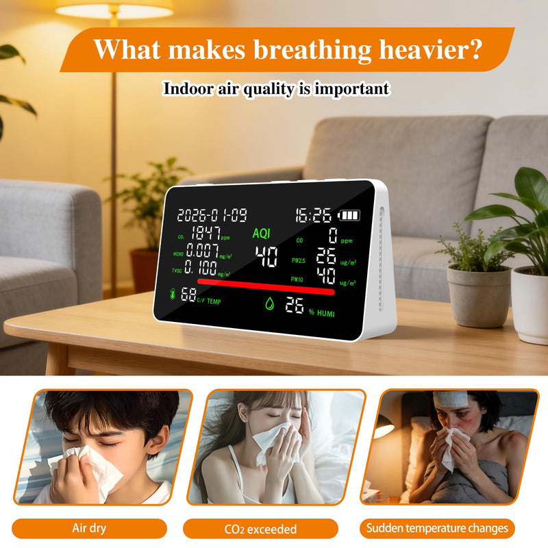 [Australia - AusPower] - 11-in-1 Air Quality Monitor, Indoor CO2VOC/AQI/PM2.5/Thermometer/Humidity Monitor, Portable Smart Air Quality Meters, Air Quality Tester for Home Office Outdoor, Battery Powered 