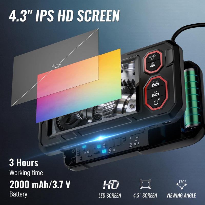WORKPRO Endoscope Camera Dual Lens, 4.3 Inch IPS, 1080P, IP67, 5 m | Inspection camera with 8+1 LED light, hook, magnet and mirror, ideal for pipes, vehicles and hard-to-reach places