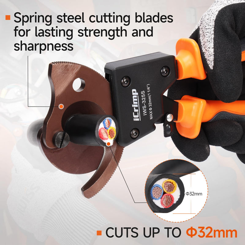 iCrimp Ratchet Cable Wire Cutter, Cuts Up to 32mm Diameter, Heavy-Duty Cable Cutter for Cutting Electrical Aluminum Copper and Multi-core Cables IWS-325S