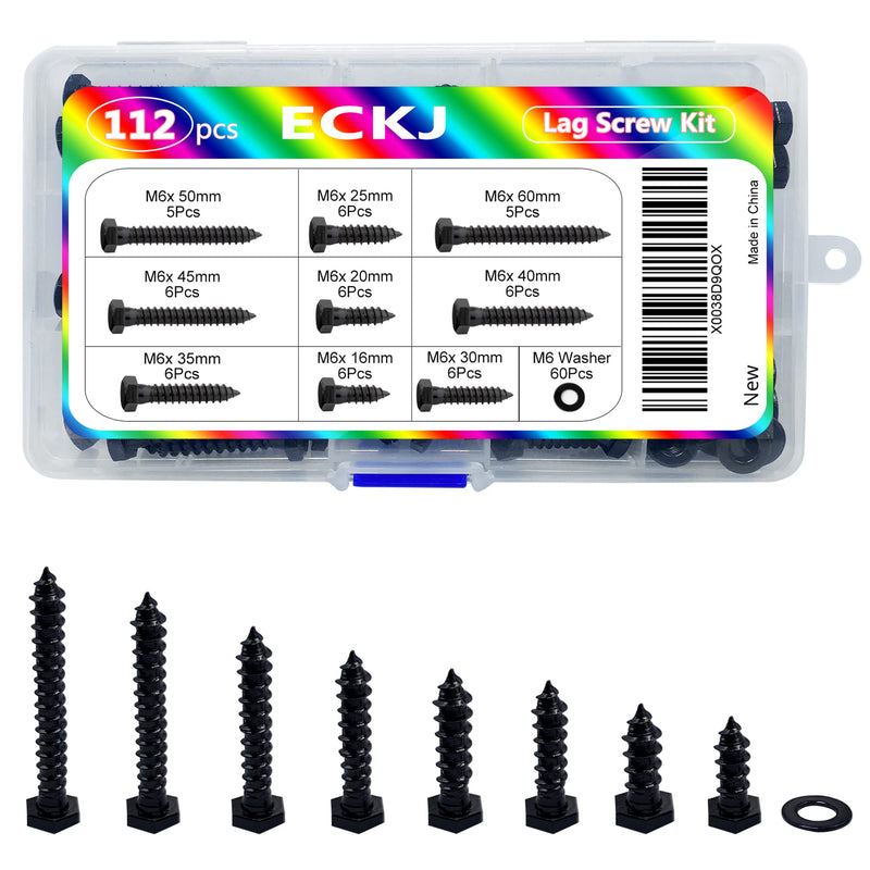 [Australia - AusPower] - Hex Lag Bolts 112PCS M6 Hex Head Lag Screws Washers Assortment Kit Fully Thread Heavy Duty Hexagon Wood Screw Zinc Plated Black Metric Length Include 16/20/25/30/35/40/45/50/60mm 