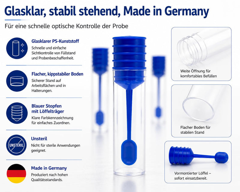Stool sample tubes with spoon, 20 ml, for dogs, cats, and humans, non-sterile, crystal clear, Made in Germany (5 pieces) 5