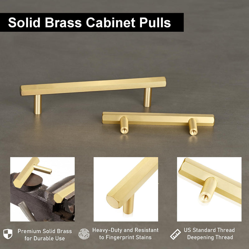 QOGRISUN 2-Pack Solid Brass Cabinet Pulls Hexagon Drawer Handles,8-3/4-Inch Hole Center, Suitable for Kitchen Bathroom Dresser Cupboard Hardware, 11-Inch Total Length, Brushed Finish 8-3/4-Inch (224mm) Hole Centers