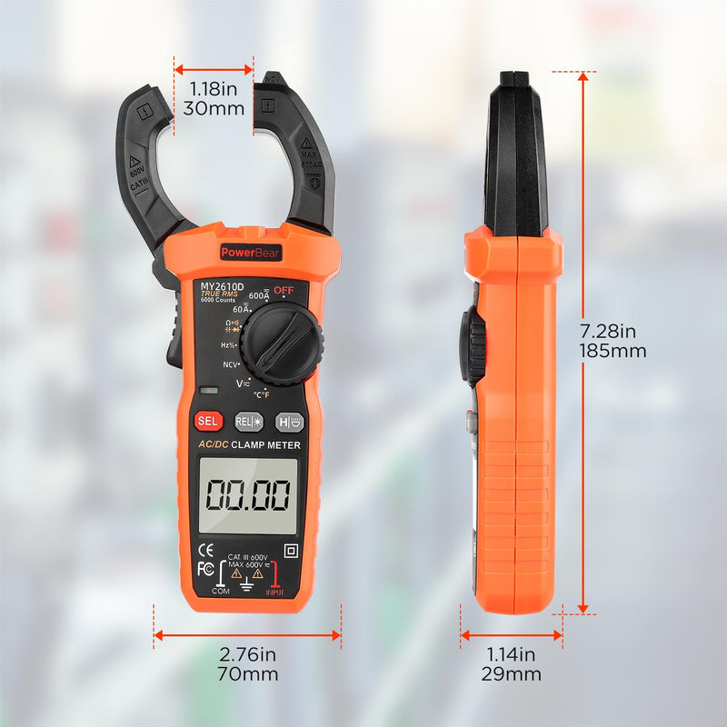 [Australia - AusPower] - PowerBear Digital Clamp Meter Multimeter 6000 Counts for AC/DC Current & Voltage, Auto-ranging Amp Tester, Measures Resistance, Capacitance, Continuity, TRMS, Temperature, NCV Detection 