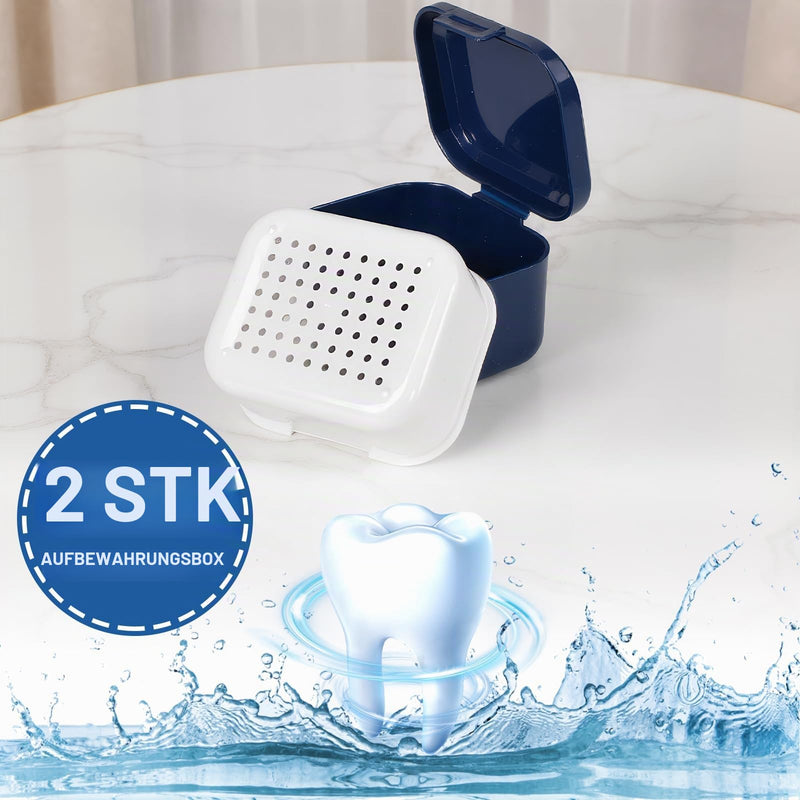 Denture Cup Box, Dental Prosthesis Storage Box with Cleaning Brushes, Denture Box with Strainer, Leak-Proof Prosthesis Box, Portable Denture Box, for False Teeth Storage, Cleaning (Navy Blue)