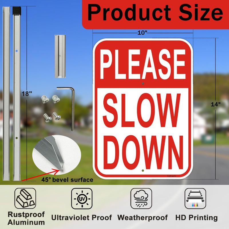 2 Pack Please Slow Down Yard Signs, with 36" Metal Stakes, 14"x10" Reflective Aluminum, Durable Warning Traffic Sign for Slower Speeds, Great for Neighborhoods, Includes Matching Screws & Wrench Red 2Pack- 14"x10" Slow Down Sign- with Stake