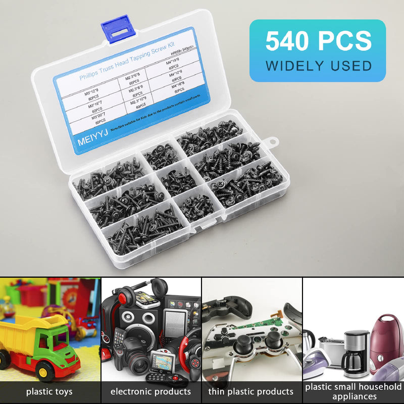[Australia - AusPower] - 540pcs M2.3 M2.6 M3 Phillips Truss Head Tapping Screw Wafer Head with Washer, Self Tapping Screw Assortment Kit, Black Carbon Steel. 