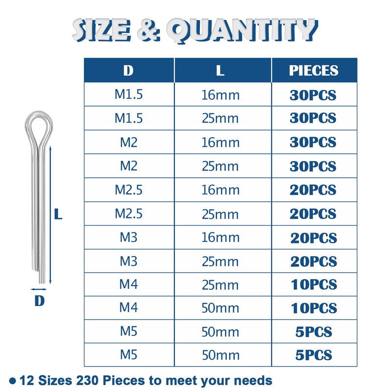 [Australia - AusPower] - 230PCS 12 Sizes Cotter Pins Assortment Kit 304 Stainless Steel Split Pin Fastener Clips OLA001 