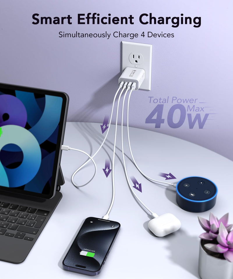 [Australia - AusPower] - 40W USB C Charger Block, 2-Pack 4-Port Type C Fast Charging Brick Dual PD&QC Wall Plug Adapter Compatible for iPhone 15/15 Pro/ 15 Pro Max/14/13/12, iPad, Airpods, iwatch, Samsung Galaxy White 