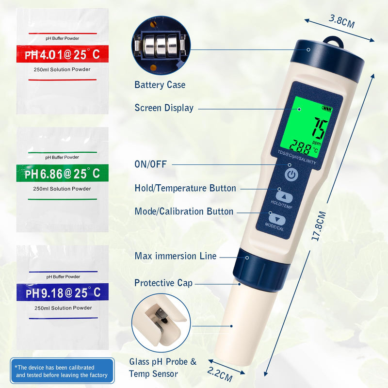 [Australia - AusPower] - 5-in-1 pH Meter with LCD Display, Precision Measurement of PH, TDS, EC, Temperature, T3 Water Quality Tester for Pool, Aquarium, Drinking Water and Hydroponics, Automatic Temperature Compensation White 