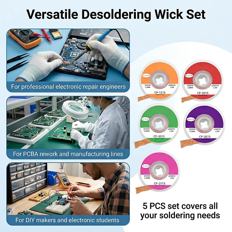 Desoldering Braid Set with Flux 1.5 m Long High Absorbency Pack of 5 | Width 1.5 mm to 3.5 mm suction wick, no-clean electronics repair, precision soldering, vacuum sealed, residue-free quality