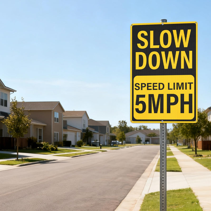 Slow Down Speed Limit 5 MPH Sign 12 x 18 Inches Reflective Aluminum Metal Traffic Sign Rust-Free Warning Signs for Driveway Parking Lots Neighborhoods Campground 2 Pack Yellow