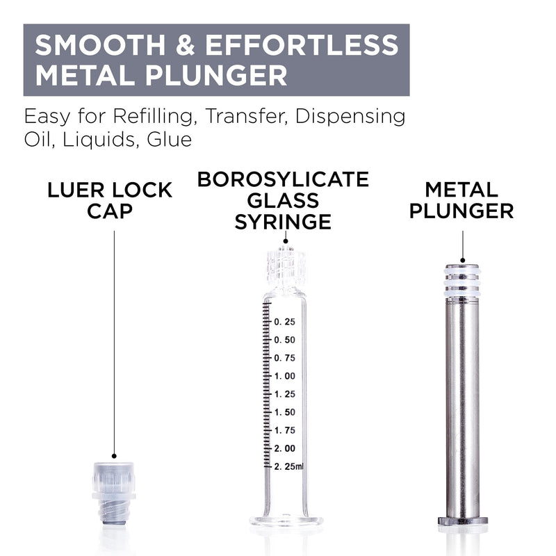 2.25ML Borosilicate Glass Syringe with Silver Metal Plunger | 10 Pack | Anti-Leak Luer Lock Syringe without Needle | Accurate Measuring for Liquid, Glue, Oil w/ Borosilicate Glass Tube