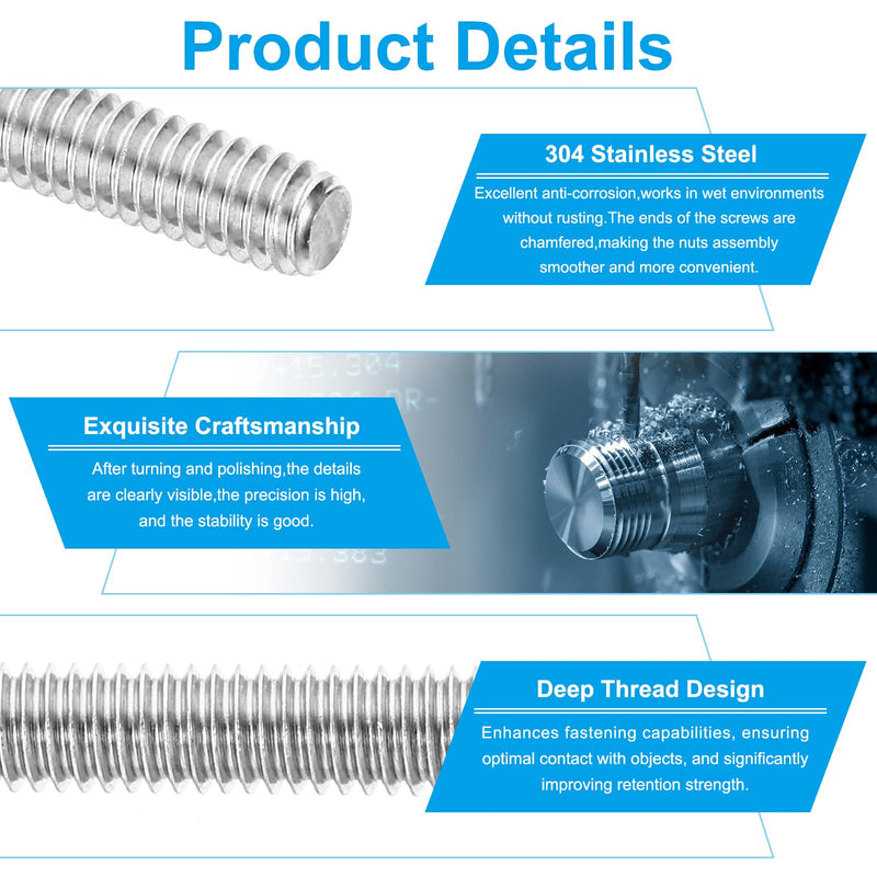 PATIKIL 5/16"-18 UNC 304 Stainless Steel Fully Threaded Rod, 15Pcs 5.9" Length Long Threaded Screw Right Hand Threads All Threaded Rod Studs for Anchoring Bolt, Clamps, Hangers and U-Bolts 5/16"-18 x 5.9"