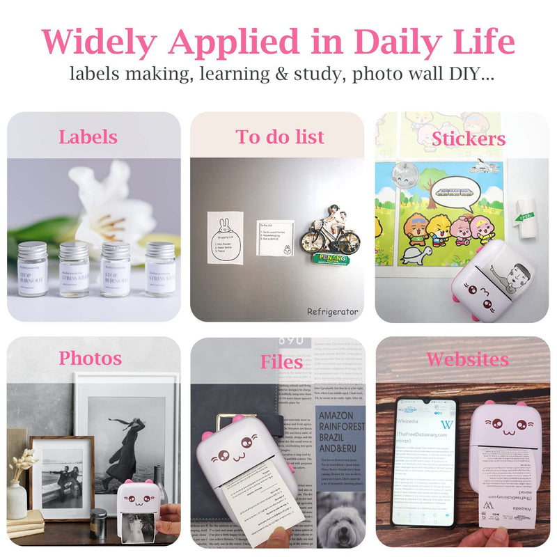 [Australia - AusPower] - Mini Pocket Printer, Portable Thermal Printer with 8 Rolls Printing Paper, Bluetooth Wireless Tiny Printer for Photos/Stickers/Labels/Notes/Receipts, Compatible with iOS and Android, Pink 