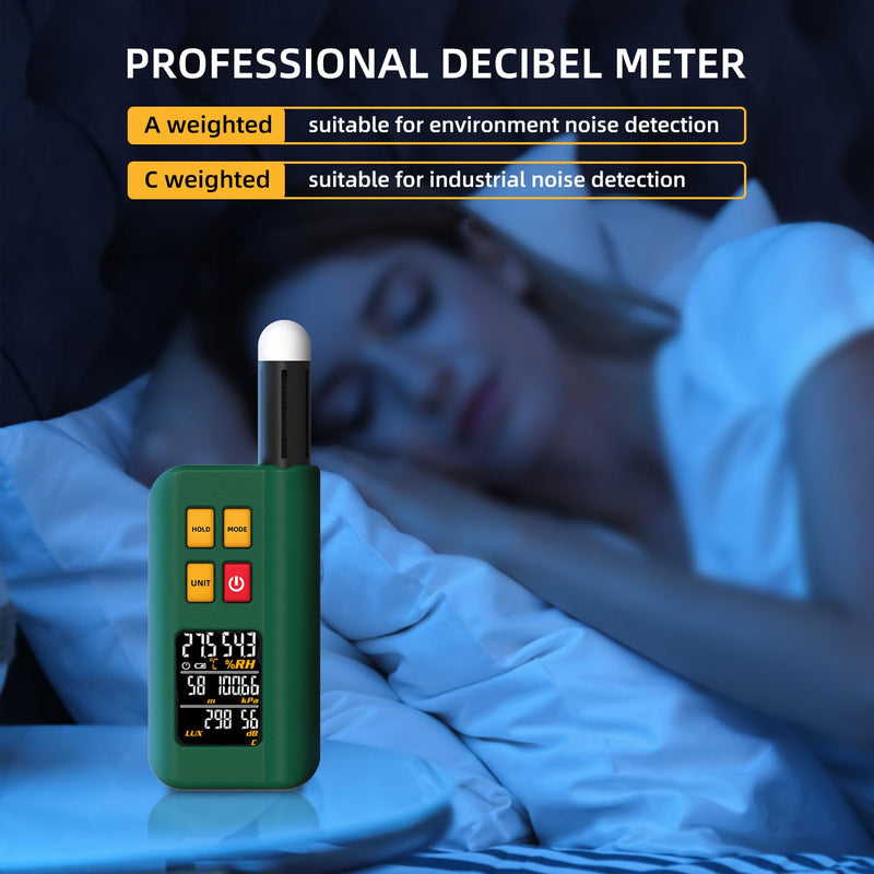 [Australia - AusPower] - BSIDE GX1 Portable Environmental Meter Rechargeable 6-in-1 with Digital Light Meter Decibel Meter Barometer Altimeter Temperature and Humidity Meter Colour Display Data Hold Smart Testing 