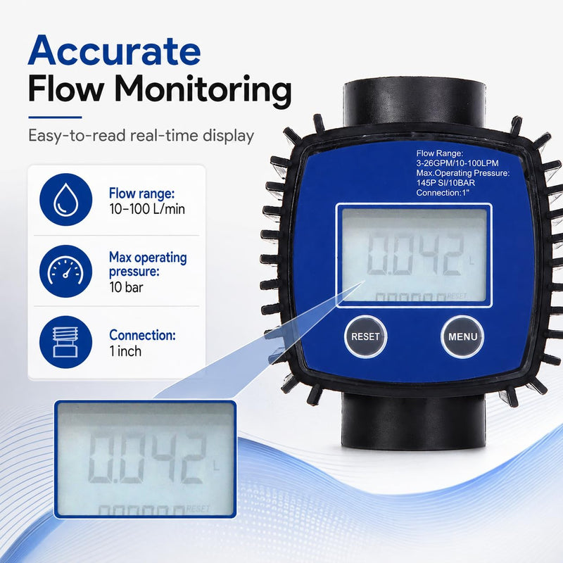 Digital Flow Meter, Turbine Flow Meter, Digital Display, High Precision Water, Diesel Flow Meter, 1 Inch Internal Thread, Digital Display Meter, 5-120 Litres/Minute